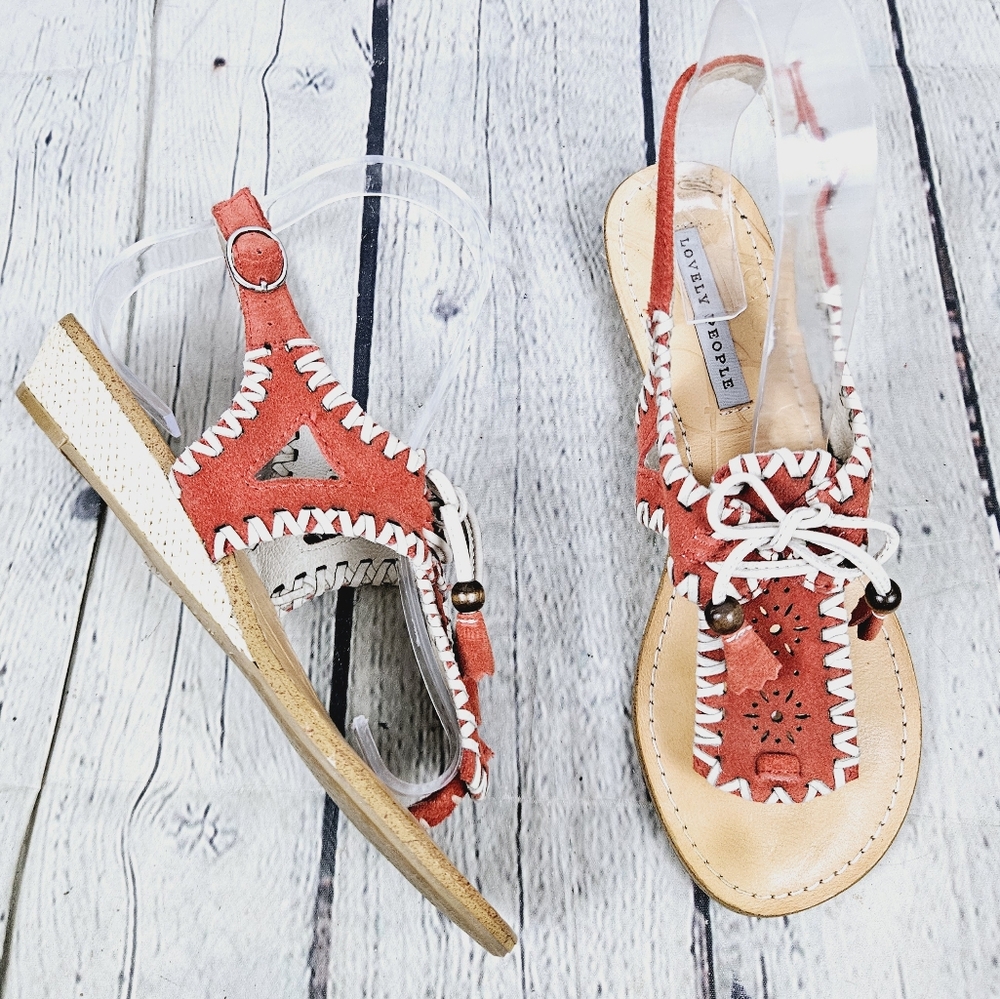 LOVELY PEOPLE | suede leather laser cut laceup strappy thong  slingback sandals